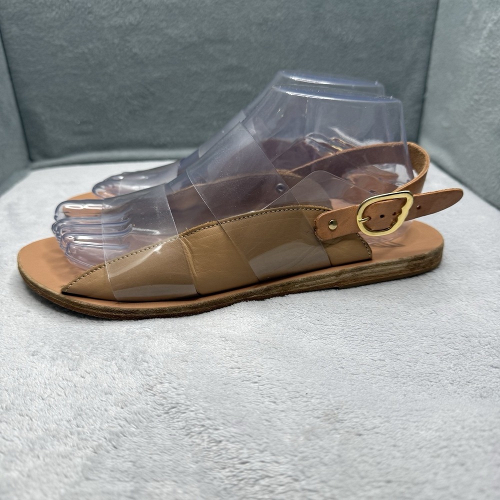 Ancient Greek Sandals Tan Leather Clear PVC Slingback Flat Sandals Size 39